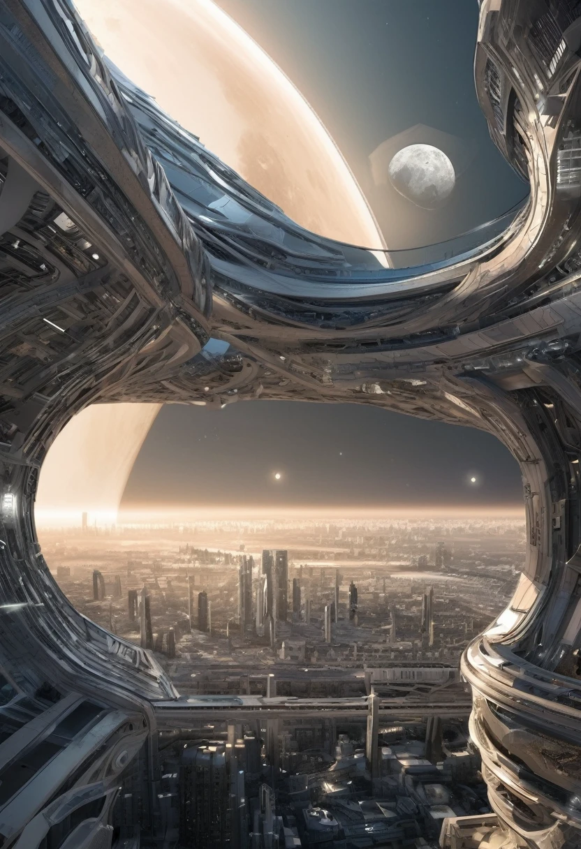 Imagina un paisaje urbano futurista en la luna., caracterizado por una llamativa paleta de todos los tonos blancos y grises. Imagina las maravillas arquitectónicas, con edificios que adoptan formas únicas, como esferas y cúpulas. Imagínese estas estructuras mezclándose perfectamente con el paisaje lunar., creando una ciudad armoniosa y de otro mundo. Capture la interacción de luces y sombras en la superficie lunar., con edificios futuristas que proyectan patrones geométricos que reflejan la tenue luz de la luna. Esta ciudad representa una visión de tecnología avanzada y diseño innovador., establecer una impresionante metrópoli lunar que armoniza con el entorno celestial.representación de fantasía realista，por Chasbio，épico y impresionante，archviz，arquitectura épica，arte conceptual。 diseño moderno futurista，Grandes ciudades en el espacio，Paisaje de ciudad futurista，arquitectura realista de colmena. desde muy lejos, Ultra gran angular