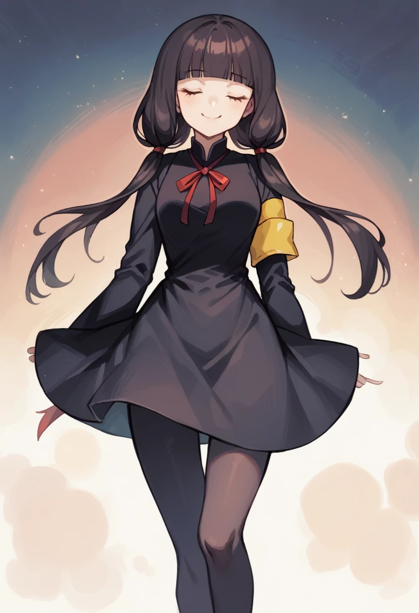 masterpiece, Highest quality, High resolution, bbmiko-san, Long Hair, Low twin tails, Blunt bangs, clavicle, Neck ribbon, Red ribbon, Black Dress, Black Shirt, Long sleeve, Black sleeves, Armband, Black Pantyhose, Are standing, Cowboy Shot, Outdoor, smile, Mouth closed,