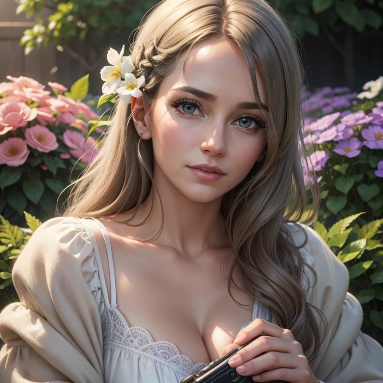 A 50-year-old woman in a garden, beautiful detailed eyes, beautiful detailed lips, extremely detailed eyes and face, long eyelashes, a small gray cat, intricate floral patterns, lush greenery, soft lighting, cinematic composition, elegant pose, warm color palette, detailed textures, photorealistic, (best quality,4K,8k,high resolution,masterpiece:1.2),ultra-detailed,(realistic,photorealistic,photo-realistic:1.37)