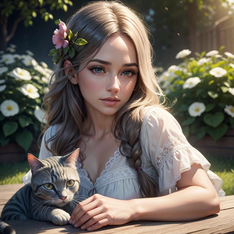 A 50-year-old woman in a garden, beautiful detailed eyes, beautiful detailed lips, extremely detailed eyes and face, long eyelashes, a small gray cat, intricate floral patterns, lush greenery, soft lighting, cinematic composition, elegant pose, warm color palette, detailed textures, photorealistic, (best quality,4K,8k,high resolution,masterpiece:1.2),ultra-detailed,(realistic,photorealistic,photo-realistic:1.37)