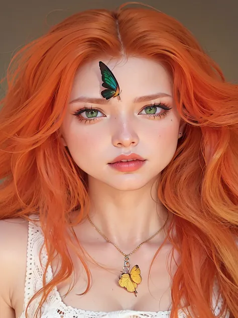 a closeup of a redhead woman and a butterfly on her forehead, amaranth, Orange peel and long fiery hair., bright Orange hair, be...