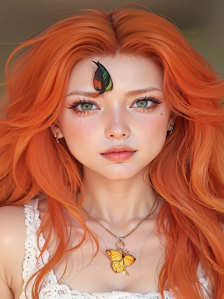 a closeup of a redhead woman and a butterfly on her forehead, amaranth, Orange peel and long fiery hair., bright Orange hair, better known as amaranth, Orange hair, long Orange hair, bright orange eyes, with red hair and green eyes, amaranth as a super villain, she has long redOrange hair, burning eyes