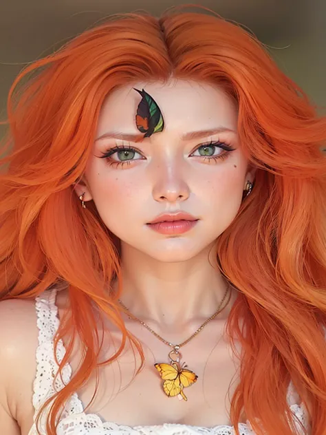 a closeup of a redhead woman and a butterfly on her forehead, amaranth, Orange peel and long fiery hair., bright Orange hair, be...