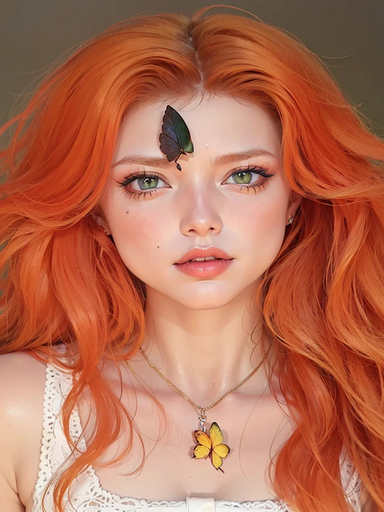 赤毛の女性と彼女の額に蝶が止まっているクローズアップ, アマランス, オレンジの皮と長く燃えるような髪., bright オレンジ色の髪, better known as アマランス, オレンジ色の髪, long オレンジ色の髪, 明るいオレンジ色の目, 赤い髪と緑の目を持つ, アマランス as a super villain, she has long redオレンジ色の髪, 燃えるような目