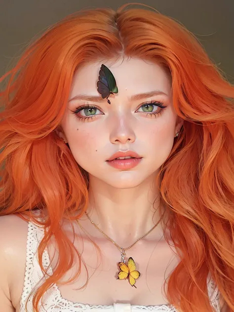a closeup of a redhead woman and a butterfly on her forehead, amaranth, Orange peel and long fiery hair., bright Orange hair, be...