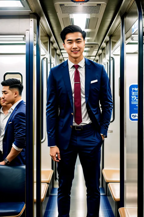 1人，a 20-year-old man in the subway，standing in a subway car，ultra-flat head，wearing a suit and pants，huge bulge, leg apart，muscu...