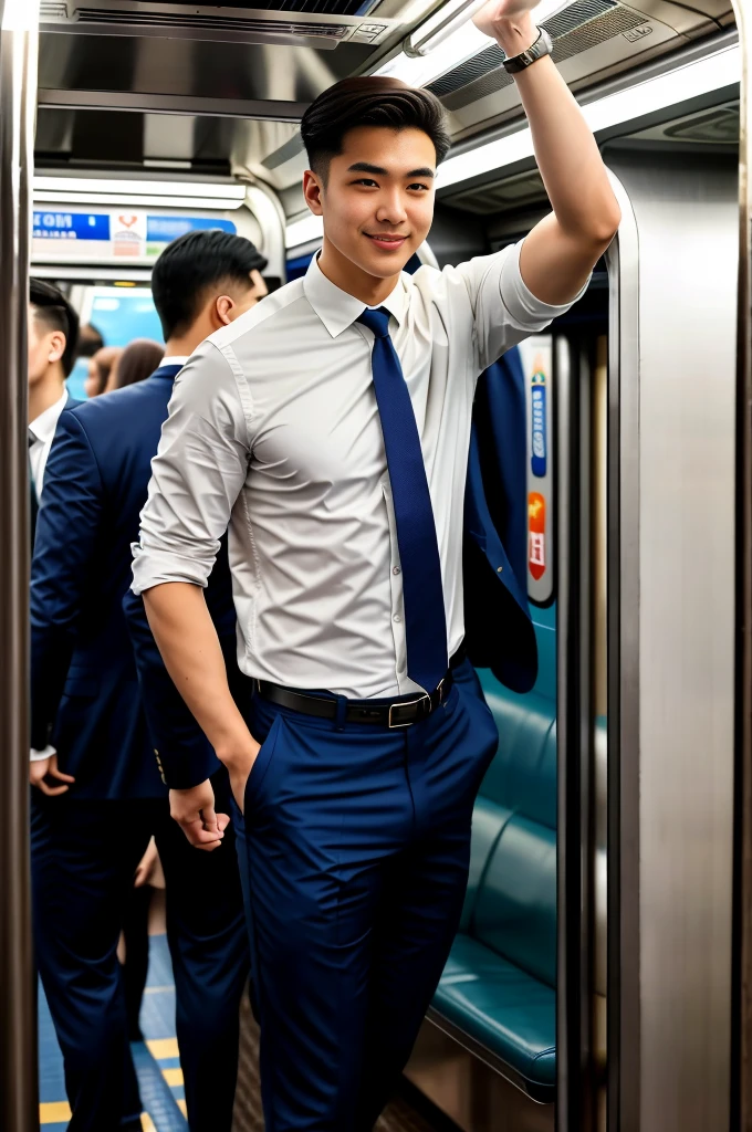 1人，A 20-year-old man in the subway，Standing in a subway car，Ultra-flat head，Wearing a suit and pants，huge bulge, leg apart，musculous，Handsome，Look at your phone，Wear AirPods，Wear an Apple Watch， backpack，white short socks，White sneakers，pervert smirk，exhilarated，full bodyesbian，Exposing thighs，Expose calves，Thick leg hair，In crowded subway cars，gentlesoftlighting，tmasterpiece，best qualtiy，8K UHD，digital SLR camera，filmgrain，Fujifilm XT3 Realistic painting art，Written by Midjourney and Greg Rutkowski