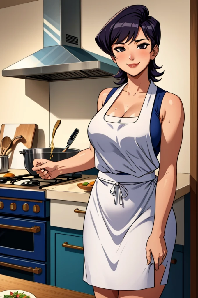 (masterpiece, best quality), intricate details, 1girl, medium breasts, komi shuuko, white apron, sleeveless, kitchen, seductive smile, cleavage, sweaty, cooking