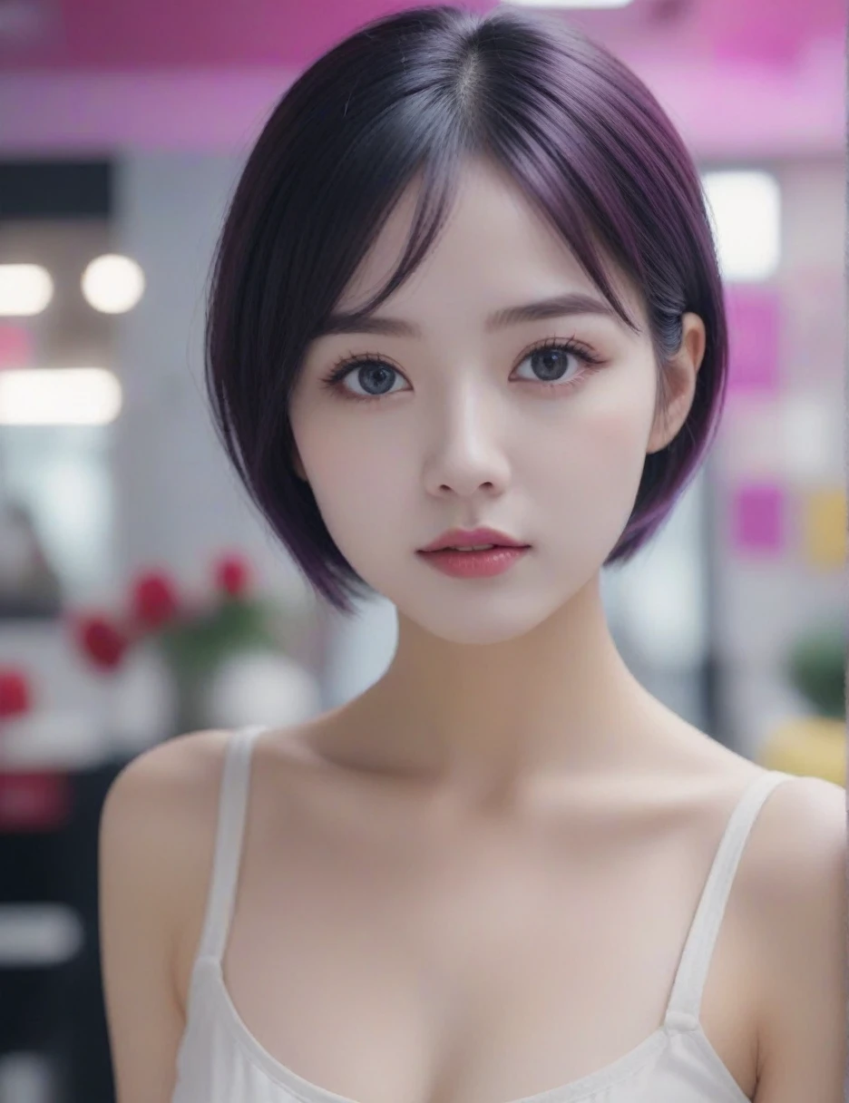 (best quality, 8K, Masterpiece: 1.3)), Sharp focus: 1.2, A beautiful woman with a perfect figure. Highly detailed facial and skin textures, Detailed eyes, Double eyelids, smile, look at viewer, purple short hair, upper body, put on makeup, blurry background, white skin, Face Paint, white skin, Black Dresses, Holding equipment, Zombies, light purple lips, __background__ Full of busy people