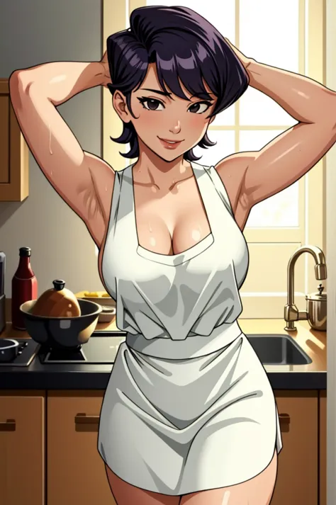 (masterpiece, best quality), intricate details, 1girl, medium breasts, komi shuuko, white apron, sleeveless, kitchen, seductive ...