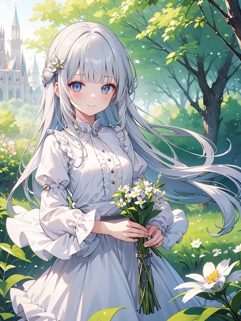masterpiece, Highest quality, Super detailed, figure, cute, girl, alone, Silver Hair, Fairy, Blunt bangs, blouse, smile, flower,...
