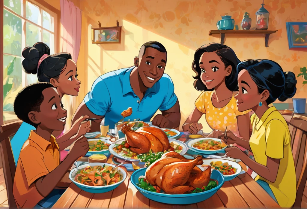 une famille africaine mangeant du poulet à leur table à manger, père, mère, deux garçons adolescents adultes, et deux adolescentes. Very coloré. détaillé. À la manière de Disney. (chef-d&#39;œuvre de la meilleure qualité:1.2) illustration délicate ultra détaillée,  (événement lié à Disney) intérieur, (Salle de classe),  contexte détaillé, illustrations, brillant, coloré, 