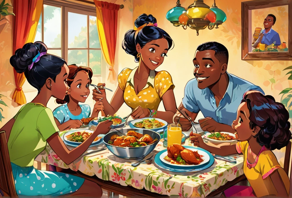 Afrikanische Familie isst Hühnchen auf ihrem Esstisch, Vater, Mutter, zwei erwachsene Teenager, und zwei Teenager-Mädchen. Very bunt. ausführlich. Disney-Stil. (Meisterwerk beste Qualität:1.2) zarte Illustration ultra-detailliert,  (Disney-bezogene Veranstaltung) Innenbereich, (Klassenzimmer),  detaillierter Hintergrund, Illustrationen, Hell, bunt, 