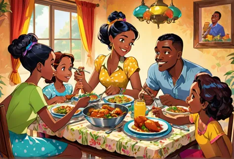 African family eating chicken on their dinning table, father, mother, two grown up teenage boys, and two teenage girls. Very col...