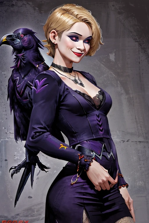 ((playing with a raven:1.4)).Athletic blonde woman, (short hair), tomboy, cute, ((smile)), Red lipstick,necklace, red lace top, black pencil skirt, high heels. Masterpiece, (highly detailed:1.2),(detailed face and eyes:1.2), 8k wallpaper, Moody lighting. core shadows, high contrast, bokeh