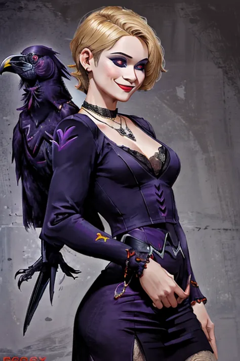 ((playing with a raven:1.4)).Athletic blonde woman, (short hair), tomboy, cute, ((smile)), Red lipstick,necklace, red lace top, ...