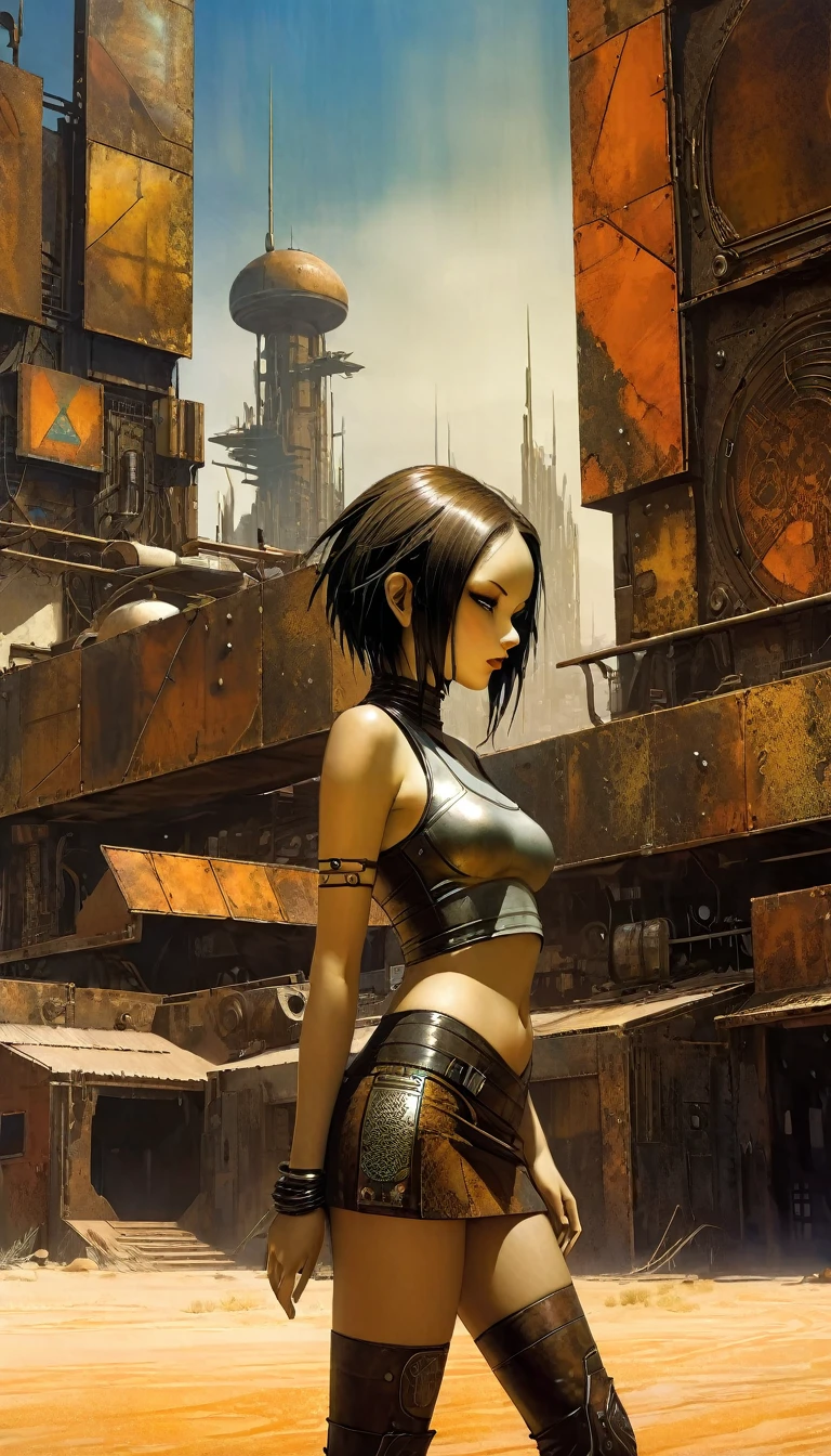 a girl in a leather miniskirt and tight tank top,pronounced nipples,advertising signs in the desert,rusty smooth metal panels with screwed and welded parts,in the distance can see a futuristic city,(best quality,4k,8k,highres,masterpiece:1.2),ultra-detailed,(realistic,photorealistic,photo-realistic:1.37),concept art,cyberpunk,vibrant colors,dramatic lighting,cinematic,moody atmosphere (art inspired by Dave Mckean, details intricate, oil painting)
