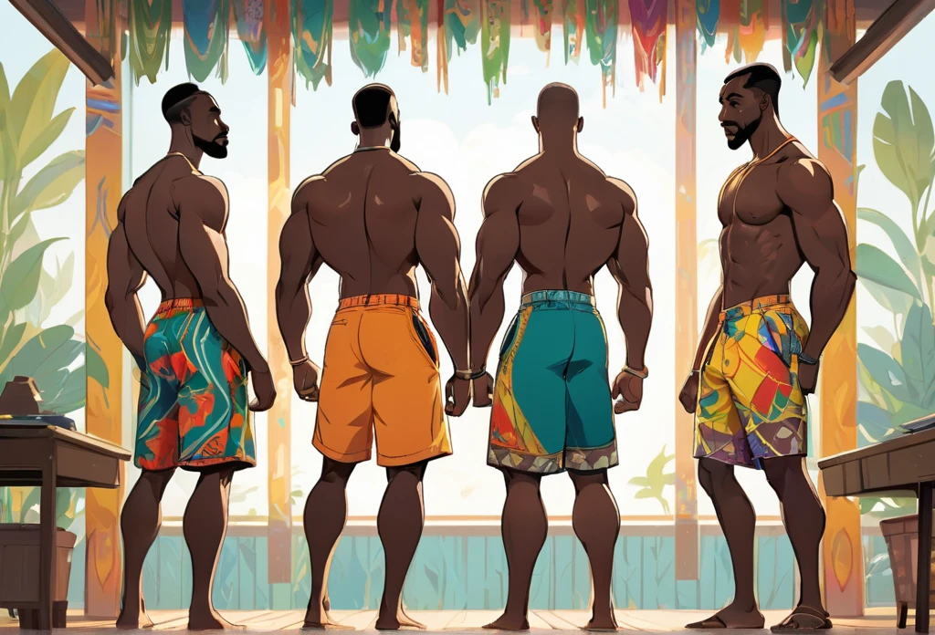 Three men standing, African, wearing only shorts, one is muscular, one is thin, and the third is very thin and weak. Standing away from eachother, No background, detailed illustration, Disney style. Flat colours. colourful. Fair skinned, good details,  (masterpiece best quality:1.2) delicate illustration ultra-detailed,  (disney-related event) indoor, (classroom),  detailed background, illustrations, bright, colourful, 