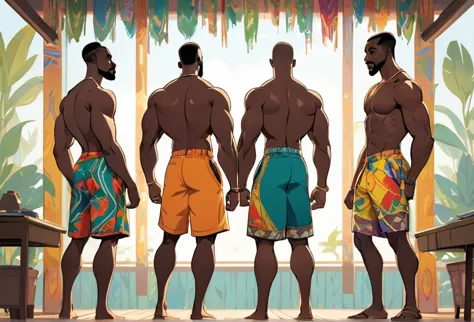 Three men standing, African, wearing only shorts, one is muscular, one is thin, and the third is very thin and weak. Standing aw...