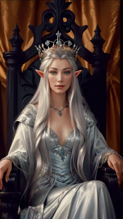 a lady sitting on a throne，close-up of a crowned head, ((beautiful fantasy queen)), silver queen, portrait of an elf queen, beau...