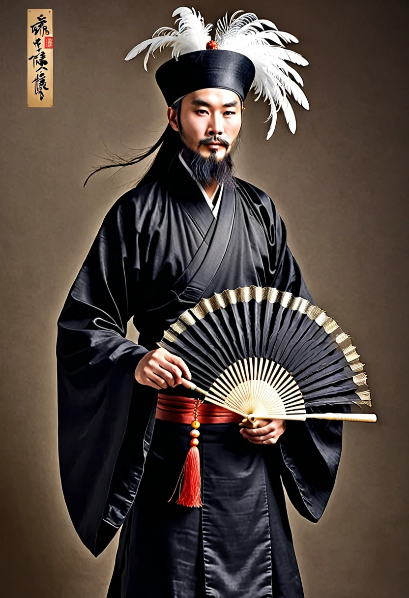 alone、Oriental、Ancient Chinese man in black costume、Feather fan（Handle Feather Fan)、（Wooden handle）、（It is made of many black feathers）have、Highest quality、masterpiece、Ultra-high resolution、(Realistic:1.4)、Game Poster、Crisp and beautiful image quality、Bearded Man,Ancient Chinese hairstyle with a large plain white beret loosely covering the head like a turban、