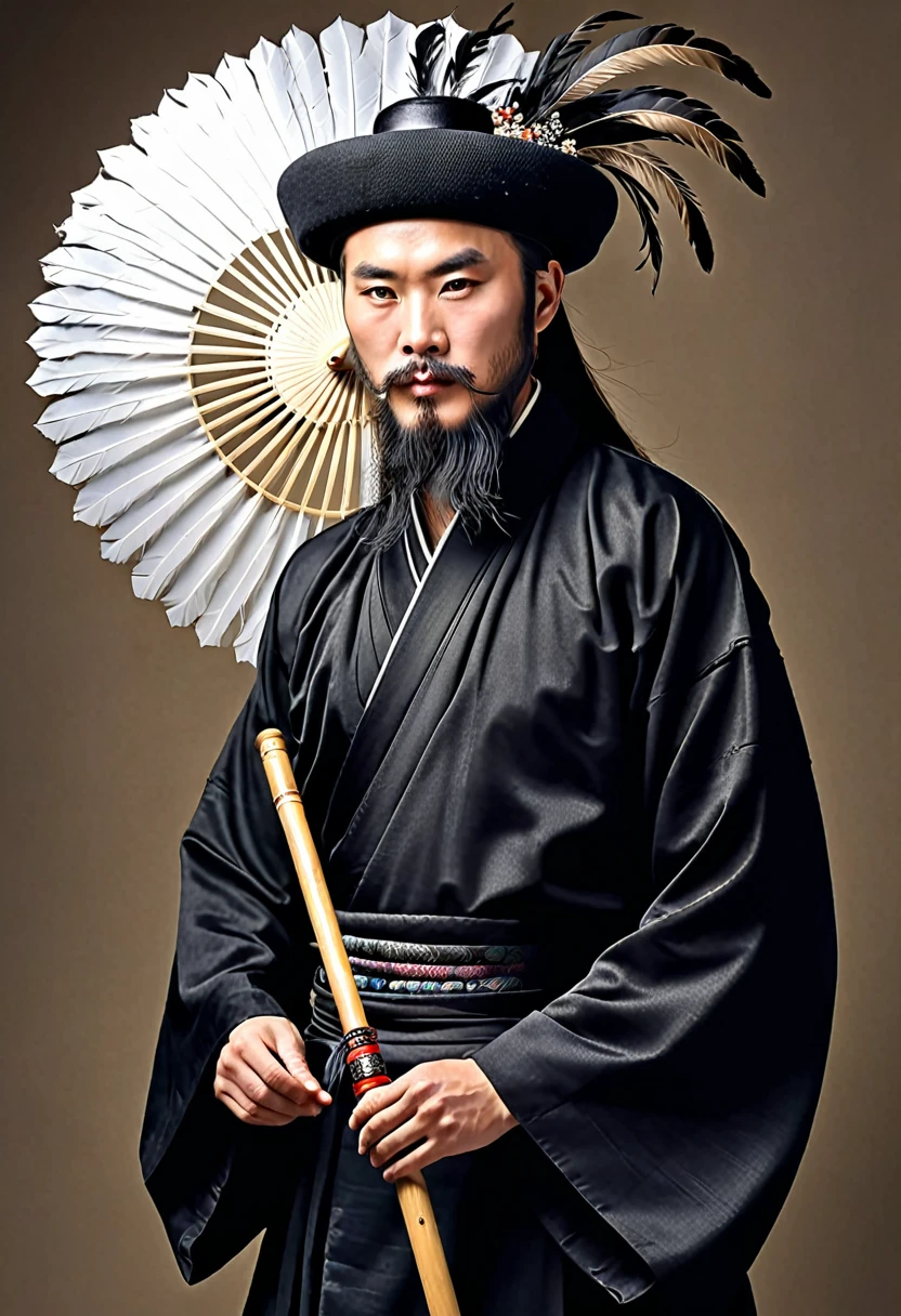 alone、Oriental、Ancient Chinese man in black costume、（（Feather fan（Handle Feather Fan)、（Wooden handle）、（It is made of many black feathers）have））、Highest quality、masterpiece、Ultra-high resolution、(Realistic:1.4)、Game Poster、Crisp and beautiful image quality、Bearded Man,Ancient Chinese hairstyle with a large plain white beret loosely covering the head like a turban、