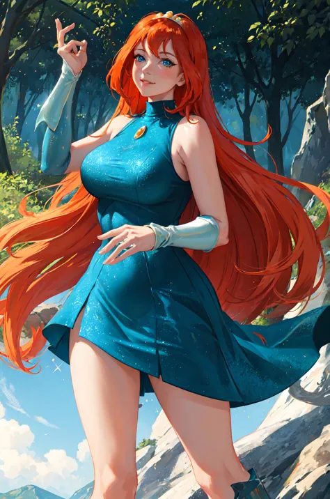 masterpiece, best quality, ultra-detailed, Bloom, milf, mature face, tall, thick, orange hair, blue eyes, bangs, long hair, fair...