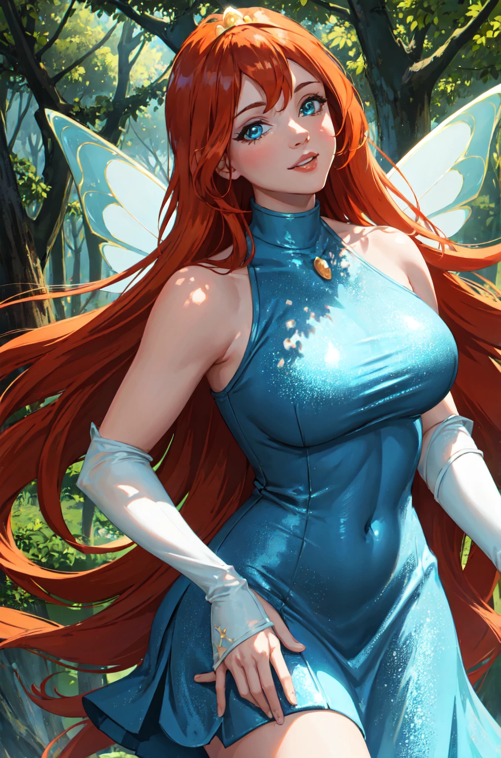 masterpiece, best quality, ultra-detailed, Bloom, milf, mature face, tall, thick, orange hair, blue eyes, bangs, long hair, fairy outfit, blue croptop, sleeveless, blue skirt, sparkling clothing, fairy wings, tiara, standing, smile, in the forest, cowboy shot, realistic, volumetric lighting, intricate details, tonemapping, sharp focus, hyper detailed, Hot cleavage, Big breasts, 