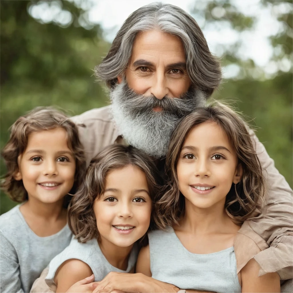 
woman with a big gray beard, brown bob hair, hazel eyes, large rounded nose, with children