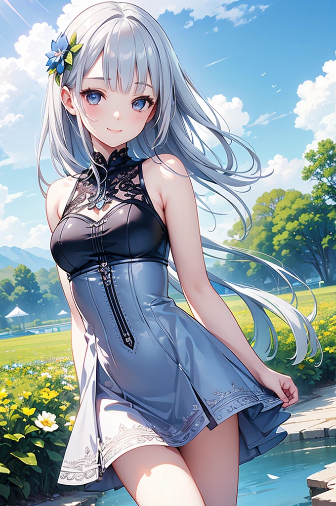 masterpiece, Highest quality, Super detailed, figure, (Realistic:1.3),cute, girl, alone, Silver Hair, Fairy, Blunt bangs, Bustier dress, Fluffy mini skirt,smile, flower, spring,blue sky,Low angle shot,