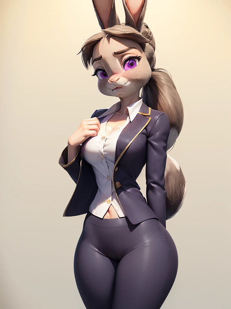 best quality,
masterpiece,
3D anime,
(((solo))),
(((1girl))),
(((Face is JudyHopps))),
(long ears like a rabbit:0.8),
Heir is in a ((ponytail)) style,
bang is feather ((bangs)),
((Her eyes color is purple)),
6.5 head and body,
office suit,
office business suit outfit
 office lady,
 (((white blouse unbuttoned))),
Navel exposed,
(outfit is made of wool:1.4),
(body is made of wool fabric),
(body is gray with fluffy and fluffy),
((skin is wool fabric with fluffy and fluffy)),
((She is blushing in the cheeks)),
((clavicle is emphasized)),
take off jacket, 
((looks like crying))