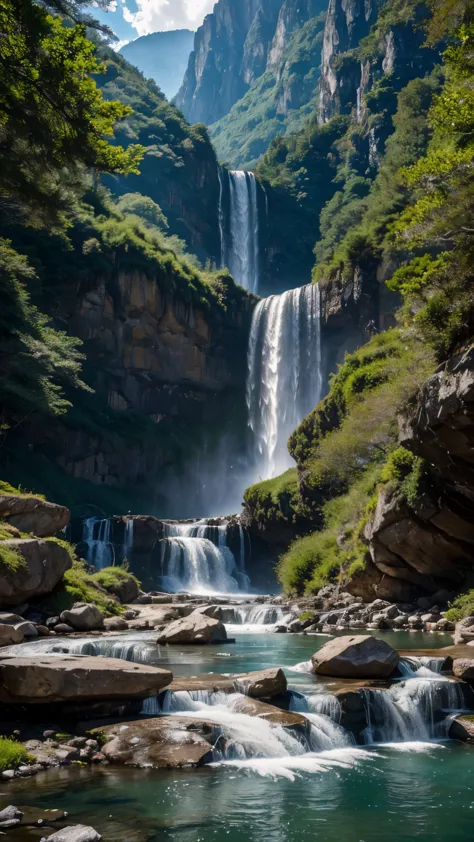 Breathtaking waterfalls cascading down towering mountainsides、It creates a fascinating scene that represents the pinnacle of lan...