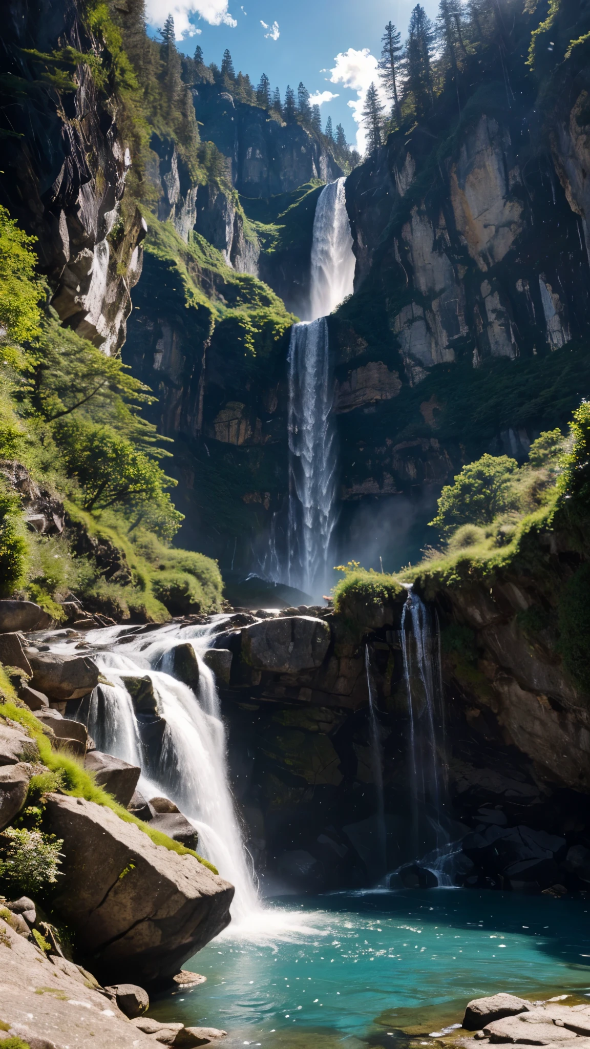 Con imágenes de alta definición，Una impresionante cascada que cae por la imponente ladera de una montaña en la majestuosidad de la naturaleza.、Crea una escena fascinante que representa el pináculo del arte paisajístico..。Esta obra maestra de Unity 8K CG、Mostrando la cascada con exquisito detalle.、Cada gota brilla y brilla a la luz del sol..。Rayos de luz teatrales perforan el cielo nublado、Montañas circundantes々Proyecta una sombra dramática sobre、Realza el encantador encanto de la cascada.。 El agua que fluye parece bailar con gracia alrededor de las rocas irregulares..、Transición perfecta de una piscina tranquila a un manantial rugiente。El artista ha captado la esencia.