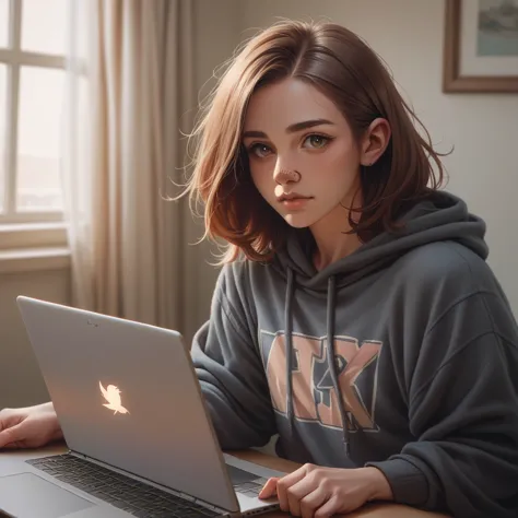 woman with a big gray beard, bobbed brown hair, hazel eyes, large rounded nose, behind her laptop, dressed in sweatshirt