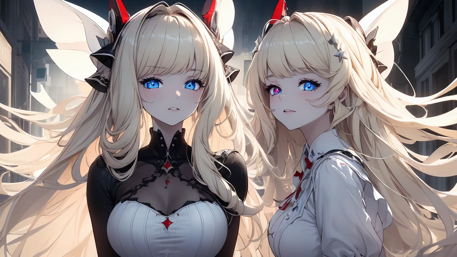 ((((Obra maestra, La mejor calidad, ultrahigh resolution)))), 1girl, standing, (cute maid costume), ((long pure blonde hair, hair over eye)), long hair cut, pale skin, ((red eyes)), glowing_eyes, neon eyes, (ultra detailed eyes:0.7, beautiful and detailed face, detailed eyes:0.9), ((centered)), smile, ((wide shot)), facing viewer, ((vibrant background, bright lighting, summer, sunlight)), flat chested, looking at viewer, ((half closed eyes)), ((perfect hands)), (((head:1, arms, hips in view, elbows, arms, legs, in view))), ((hands behind back)), empty eyes, beautiful lighting, ((outside, outdoors)), defined subject, head tilt, (((gritty)), ((creepy)), ((cool)), ((beautiful)), (((SFW))), blue eyes