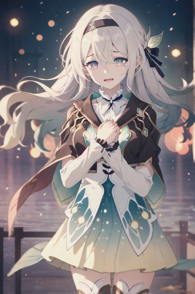 1girl, firefly \(honkai: star rail\), solo, black thighhighs, hairband, gradient skirt, hair ornament, blouse, frilled collar, cropped jacket, yellow neckerchief, cowboy shot, standing, smile, floating hair,  depth of field, hands on own chest, crying with eyes open, bokeh, fireflies, night