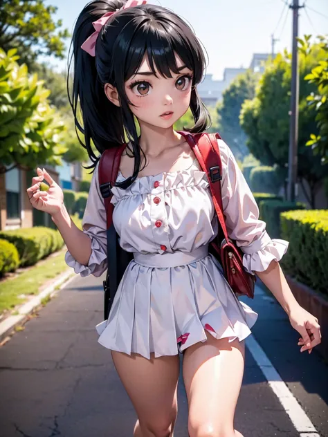 masterpiece, high resolution, realistic, black hair, asian girl, ponytail, very short stature，hair ribbon,((the face of a very y...