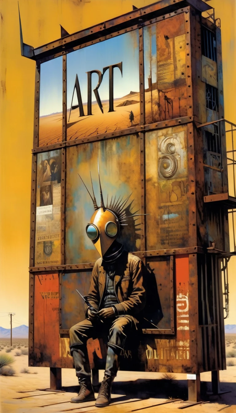 advertising billboard in a desert of rusty metal, some metal letters cover it, ((the text is:"VICTOR OLANO")) (art inspired by Dave Mckean, details intricate, oil painting)
