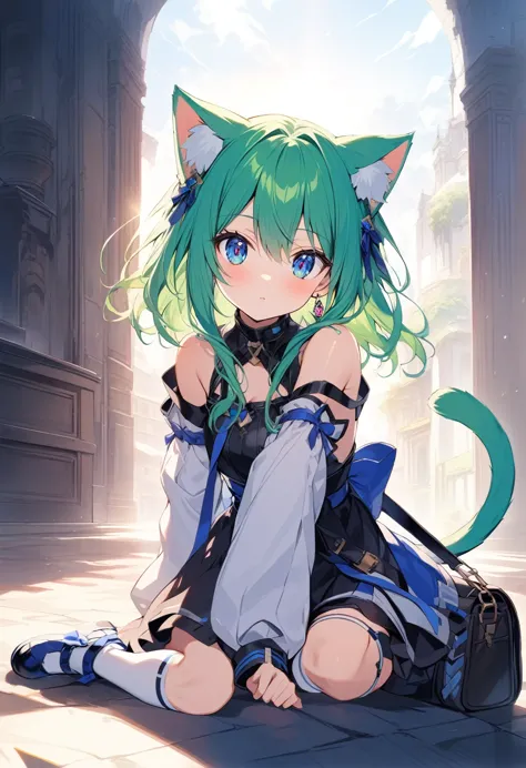 ,one girl,deltamon_beta, alone, blue eyes, knee socks, animal ears, bare shoulders, blue tail, earrings,removable sleeves, green...