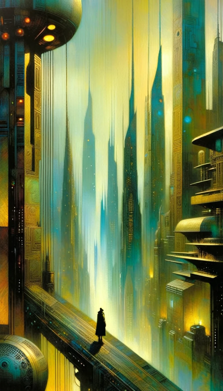 cidade futurista.1.5 (arte inspirada em dave mckean, detalhes Intrincado, pintura a óleo)
