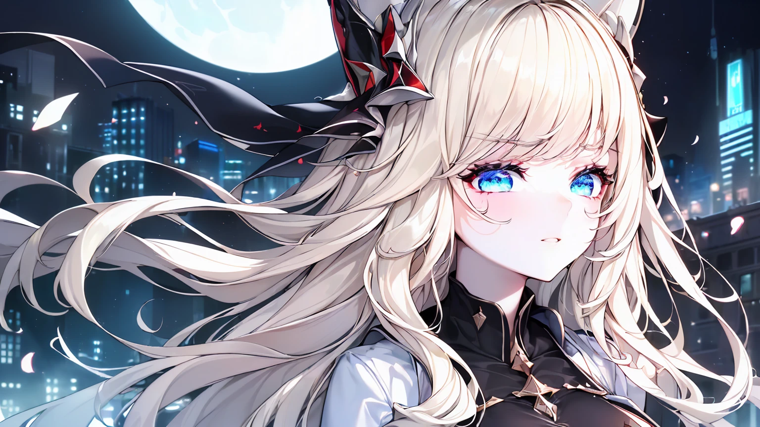 ((((Obra maestra, La mejor calidad, ultrahigh resolution)))), 1girl, standing,), ((long pure blonde hair, hair over eye)), long hair cut, shiny skin, ((blue eyes)), glowing_eyes, neon eyes, (ultra detailed eyes:0.7, beautiful and detailed face, detailed eyes:0.9), ((centered)), smirk, facing viewer, ((vibrant background, dark lighting, summer, sunlight)), large chested, looking at viewer, ((half closed eyes)), ((perfect hands)), (((head:1, arms, hips in view, elbows, in view))), ((hands behind back)), empty eyes, beautiful lighting, ((outside, outdoors)), defined subject, head tilt, (((gritty)), ((creepy)), ((cool)), ((beautiful)), (((SFW))), hair ornament, petals in the air, moon in the sky, city, mature woman, adult woman, sfw, white dress, 