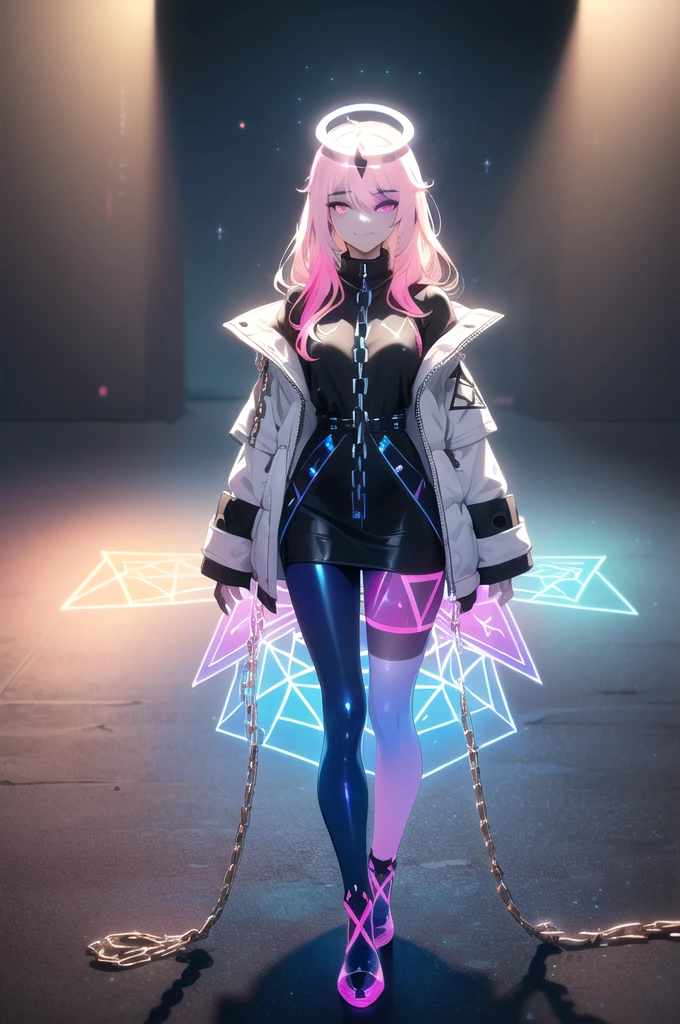 (blonde hair, long hair, sidelocks), (eyes with a mix of pink and blue irises:1.5), two-tone eyes, multicolored eyes gradient eyes, white and black jacket with constellation prints, (best quality,4k,8k,highres,masterpiece:1.2), ultra-detailed, portraits, (HDR:1.1), (vivid colors:1.1), (studio lighting), (bokeh), (highly saturated colors), (soft lighting), (detailed background), (subtle shadows), (ethereal glow), (pastel color palette), (delicate details), (sublime beauty), (feminine charm), (crisp focus), (fine brushwork), (impeccable craftsmanship), (emotional depth), (captivating storytelling), (intriguing narrative), (impressive realism), (exceptional artistry), (masterpiece-worthy), (awe-inspiring), blonde hair, very long hair, sidelocks, (eyes with a mix of pink and blue irises:1.5), (two-tone eyes:1.5), (multicolored irises:1.5), multicolored eyes (gradient eyes:1.5), white and black jacket with constellation prints, metallic skirt, (smug:1.5), (smirk), naughty face, mischievous, futuristic clothing, science fiction setting, high-tech, glowing eyes, (unicursal hexagram-shaped irises), (full body:1.5), (chains:1.5), (holographic halo:1.5), (unicursal hexagram halo:1.5), xuer hologram Laser dress