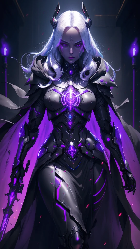 a dark fantasy cyberpunk android woman, 1 girl, highly detailed, hyper realistic, masterpiece, 8k, photorealistic, beautiful detailed eyes, beautiful detailed lips, extremely detailed face, long eyelashes, long white hair, shawl, black coat, glowing purple eyes, expressionless, mecha long skirt, holding a weapon, beautiful necromancer, dark cloaked necromancer, beautiful death, dark witch character, (black purple:1.1), studio lighting, professional, vivid colors, physically-based rendering, extreme detail description