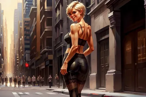 (back view),(full body:1.4),(rule of thirds), Walking city streets, Athletic blonde woman, (short hair), tomboy, cute, ((smile))...