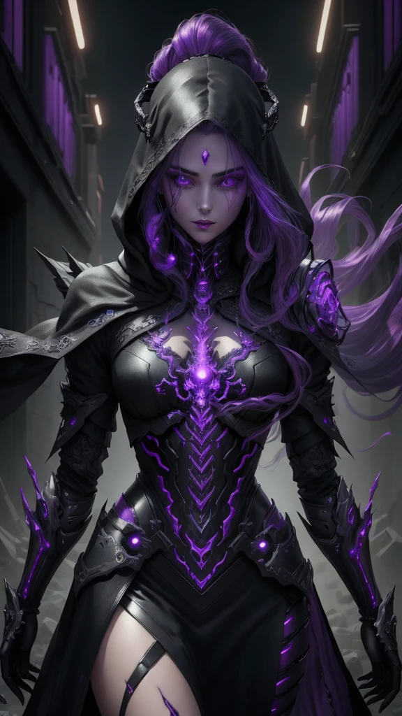 a dark fantasy cyberpunk android woman, 1 girl, highly detailed, hyper realistic, masterpiece, 8k, photorealistic, beautiful detailed eyes, beautiful detailed lips, extremely detailed face, long eyelashes, long white hair, shawl, black coat, glowing purple eyes, expressionless, mecha long skirt, holding a weapon, beautiful necromancer, dark cloaked necromancer, beautiful death, dark witch character, (black purple:1.1), studio lighting, professional, vivid colors, physically-based rendering, extreme detail description