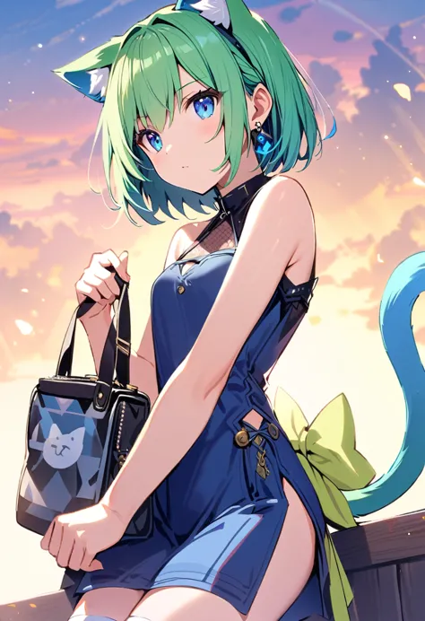 ,one girl,deltamon_beta, alone, blue eyes, knee socks, animal ears, bare shoulders, blue tail, earrings,removable sleeves, green...