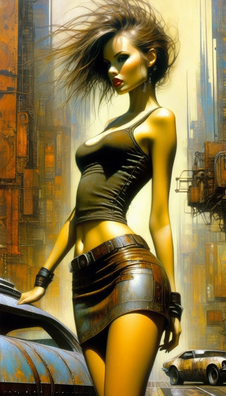 Futura chica sexy en una ciudad futurista..1.5, ciudad de metal oxidado, muchos detalles, carros, edificios, vallas publicitarias, minifalda de cuero y camiseta sin mangas muy ajustada, (Arte inspirado en Dave Mckean, detalles intrincados, pintura al óleo)
