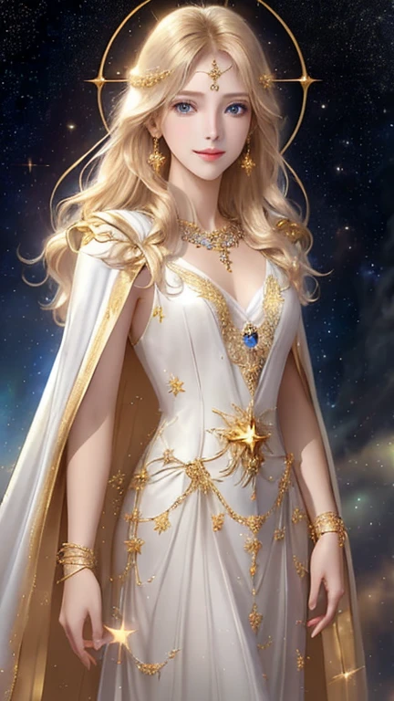 (masterpiece、Highest quality、High resolution、Best lighting、8K)、((One beautiful goddess、Standing posture、フローティング in the sky like a star))、(Gold and jewel decoration、Gold Bracelet、eye、nose、face、Blue Eyes、Elegant and beautiful)、 look of mercy、Looking at this、Smiling expression、Bright atmosphere、ラeye線)、(whole body、Blonde medium long、Reflected by light、Golden Cape、 White long dress、Beautiful chest、Sleeveless).    The background is a myriad of stars and nebulae、The universe is full of light、