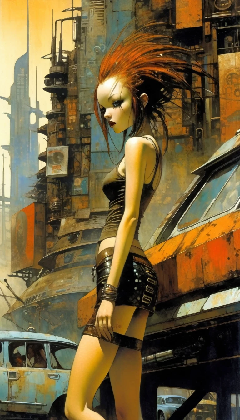 Futura garota sexy em uma cidade futurista.1.5, cidade de metal enferrujado, muitos detalhes, carros, edifícios, outdoors, minissaia de couro e regata bem justa, (Arte inspirada em Dave Mckean, detalhes intrincados, pintura a óleo)
