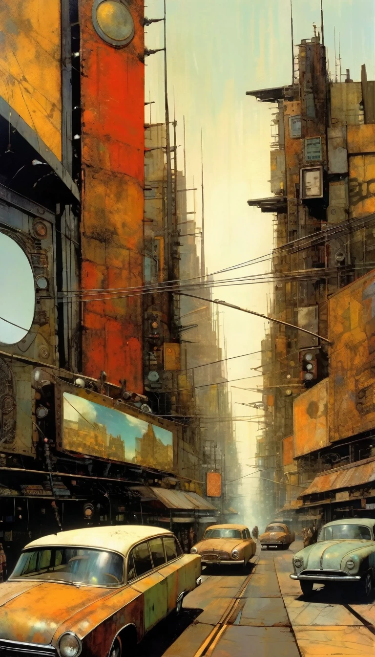 ciudad futurista.1.5, ciudad de metal oxidado, muchos detalles, carros, edificios, vallas publicitarias, (Arte inspirado en Dave Mckean, detalles intrincados, pintura al óleo)
